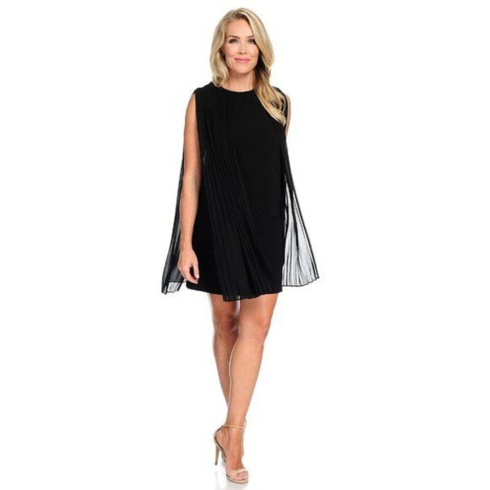 Festive Holiday Black Sleeveless Dress with Pleat Panels and Stretch Crepe Body